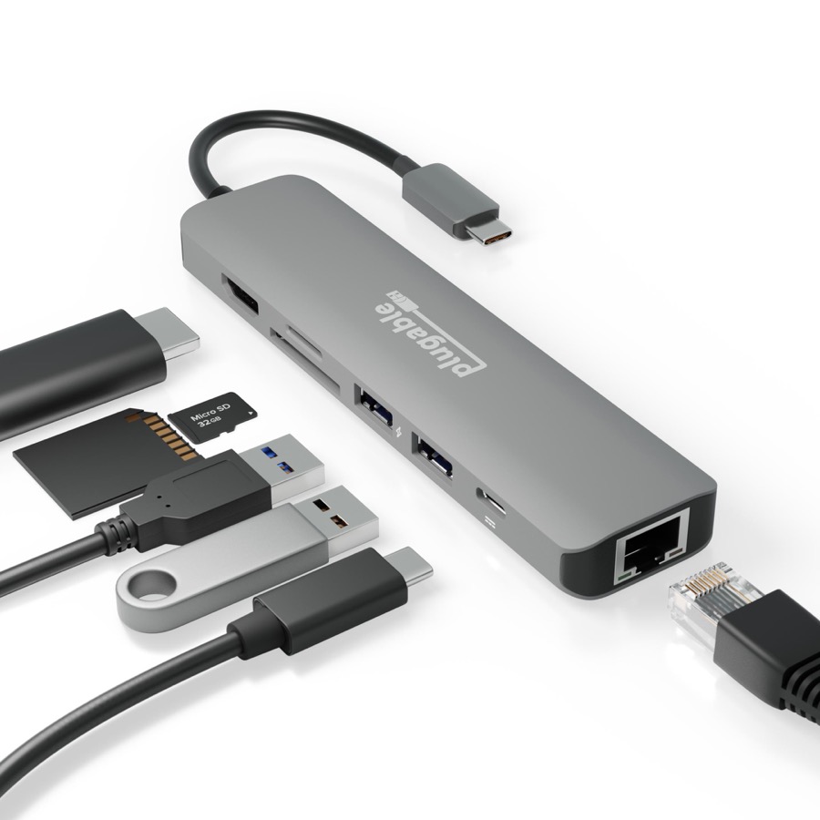 Plugable 7-in-1 USB C Hub Multiport Adapter with Ethernet - Compatible with Mac, Windows, Chromebook, Dell XPS and Thunderbolt 3 (100W Charging, Gigabit Ethernet, 4K HDMI, 2x USB, SD/microSD)